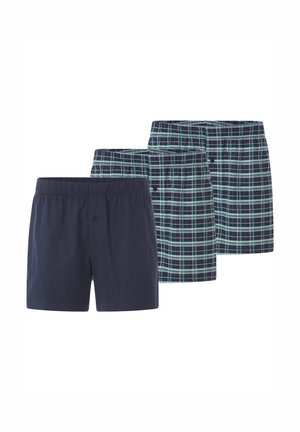 Men's boxer shorts set featuring one solid navy pair and two plaid pairs in dark blue and green tones. Elastic waistband; button detail on navy pair.