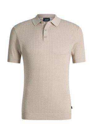 Polo en tricot beige à manches courtes avec motif en grille texturé, patte à trois boutons et col et poignets côtelés.