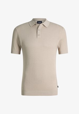 Polo en tricot beige à manches courtes avec motif en grille texturé, patte à trois boutons et col et poignets côtelés.