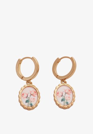 Gold-tone hoop earrings with hanging oval charms featuring a floral design of pink roses on a white background. Textured edges on charms.