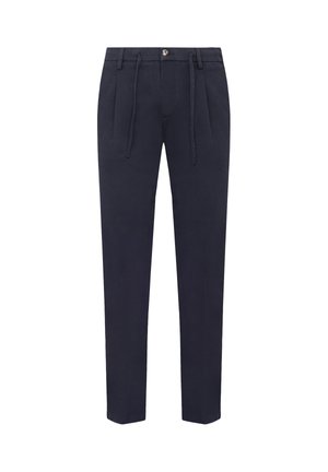 Pantalones azul marino con cintura elástica, parte delantera plisada, pierna recta y material de algodón suave. Cuenta con un cierre de botón metálico.