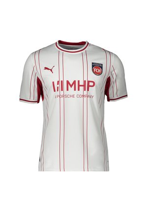 Weißes Fußballtrikot mit dünnen roten vertikalen Streifen, rotem Puma-Logo, FCH Vereinswappen und "MHP A Porsche Company" Sponsor auf der Vorderseite.