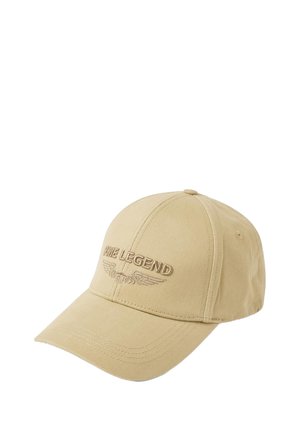 Lichtbeige pet met een gebogen klep, voorzien van "FIVE LEGEND" in donkerbeige geborduurd met vleugelaccenten. Gemaakt van stof met een gestructureerd oppervlak.