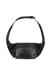 Marsupio in pelle nera con finitura texturizzata, dotato di tasca anteriore con zip, tracolla regolabile e un design elegante e compatto.