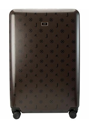 Hard-shell dark brown suitcase with black floral and letter "J" pattern, four wheels, and a small rectangular JOOP! logo plaque.