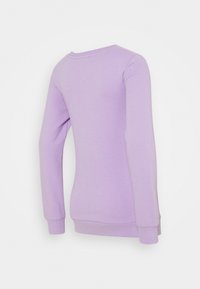 Lila långärmad sweatshirt med rundad halsringning och ribbade ärmslut. Har en mjuk stoftextur och en något avslappnad passform vid midjan.