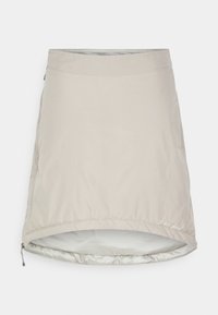 Jupe isolée beige avec une texture lisse, taille élastique et poche zippée sur le côté. Design léger et économique.