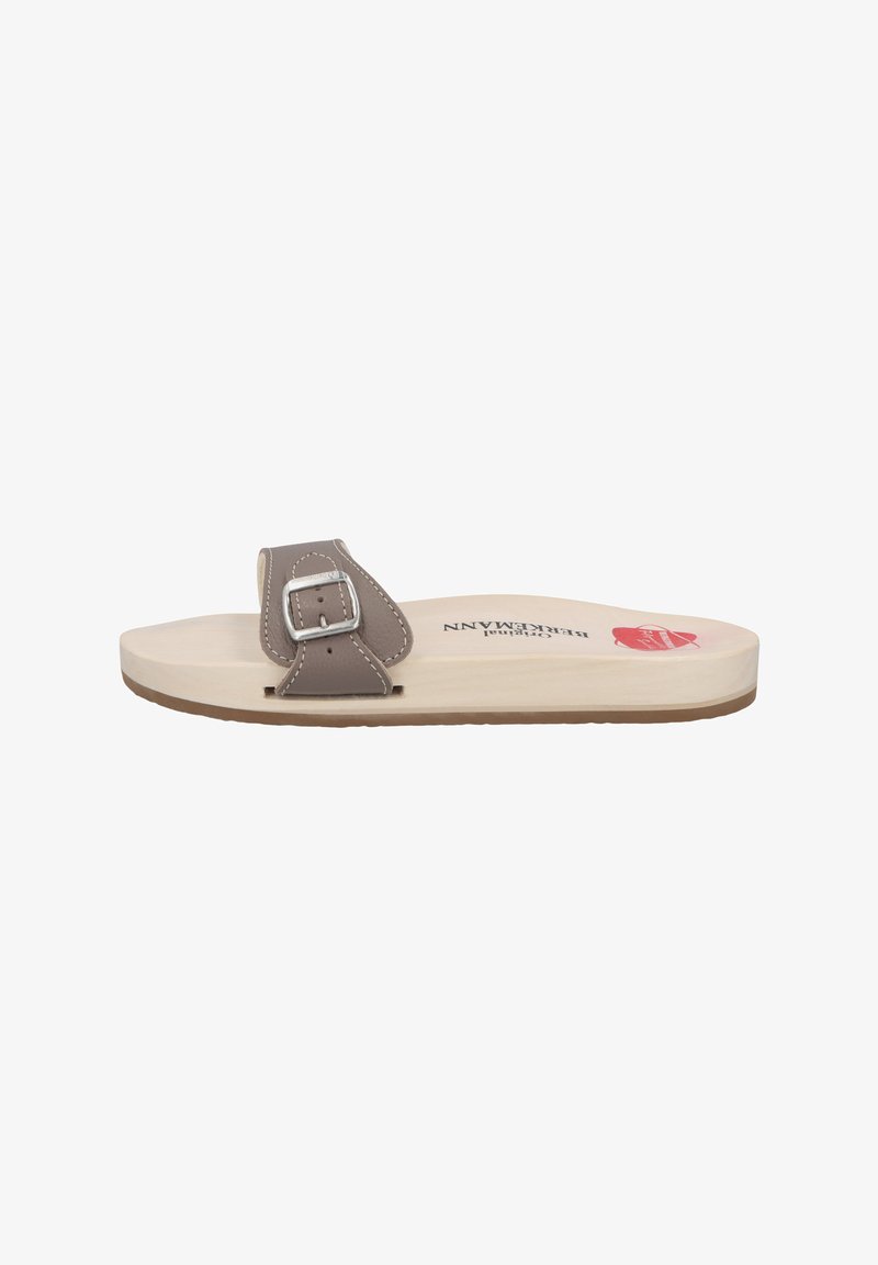Gray leather slide sandal with a single strap, silver buckle, beige footbed, and light brown sole. Minimalist design with stitching detail.
