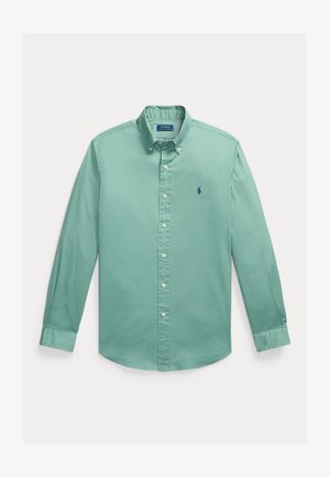 Chemise vert mousse marine à manches longues avec col boutonné et petit logo Polo Ralph Lauren brodé bleu marine sur la poitrine.