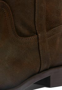 Bota de tobillo de ante marrón con una textura suave, costuras prominentes y un tacón apilado. Presenta un diseño de punta ligeramente puntiaguda.
