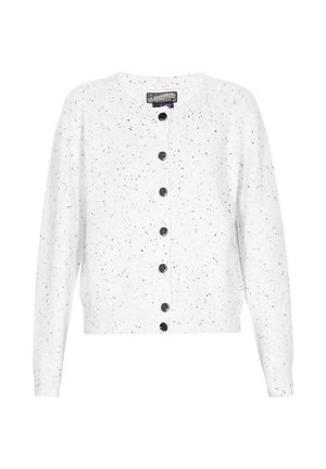 Biały dziergany kardigan z czarnymi plamkami, okrągłym dekoltem i sześcioma czarnymi guzikami z przodu. Żebrowane mankiety i dół.