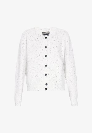 Bílý pletený cardigan s černými skvrnami, kulatým výstřihem a šesti černými knoflíky vpředu. Hladké manžety a lem.