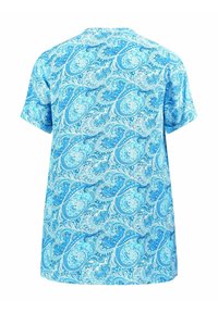 Camicia a maniche corte in tonalità di blu con motivo paisley. Realizzata in un materiale morbido, ha una vestibilità ampia e un colletto rotondo.
