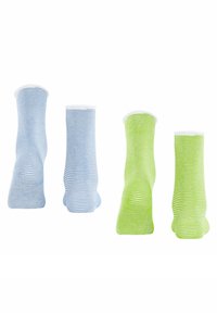 Deux paires de chaussettes : l'une bleu clair avec des rayures blanches, l'autre vert lime avec des rayures alternées. Les deux présentent un bord blanc en haut.