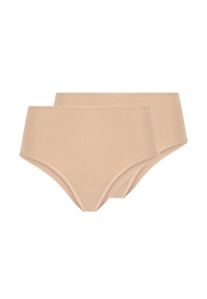 Due paia di mutandine donna beige a vita alta senza cuciture, sovrapposte una dietro l'altra su uno sfondo bianco.