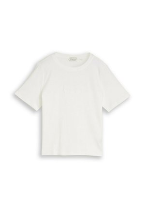 T-shirt blanc à manches courtes avec col rond et ourlet droit, posé à plat sur un fond blanc.