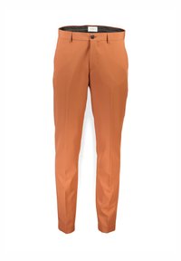 Pantalones ajustados de poliéster en color naranja quemado, con cierre de botón, bolsillos frontales inclinados y textura suave.