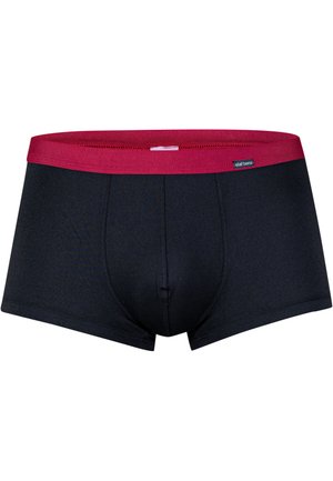 Zwarte boxershorts met een contrasterende rode tailleband, gemaakt van rekbaar materiaal, met een aansluitend ontwerp en een soepele textuur.