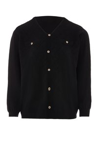 Cardigan negru tricotat cu model de diamant, decolteu în V, mâneci lungi, două buzunare la piept și butoane cu nuanță de aur pe față.