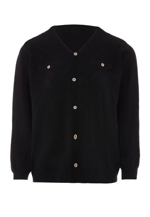 Cardigan negru tricotat cu model de diamant, decolteu în V, mâneci lungi, două buzunare la piept și butoane cu nuanță de aur pe față.