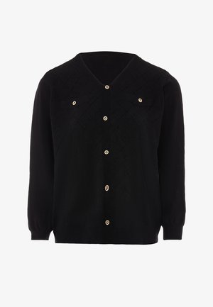 Zwarte gebreide cardigan met ruitpatroon, V-hals, lange mouwen, twee borstzakken en gouden knopen aan de voorkant.
