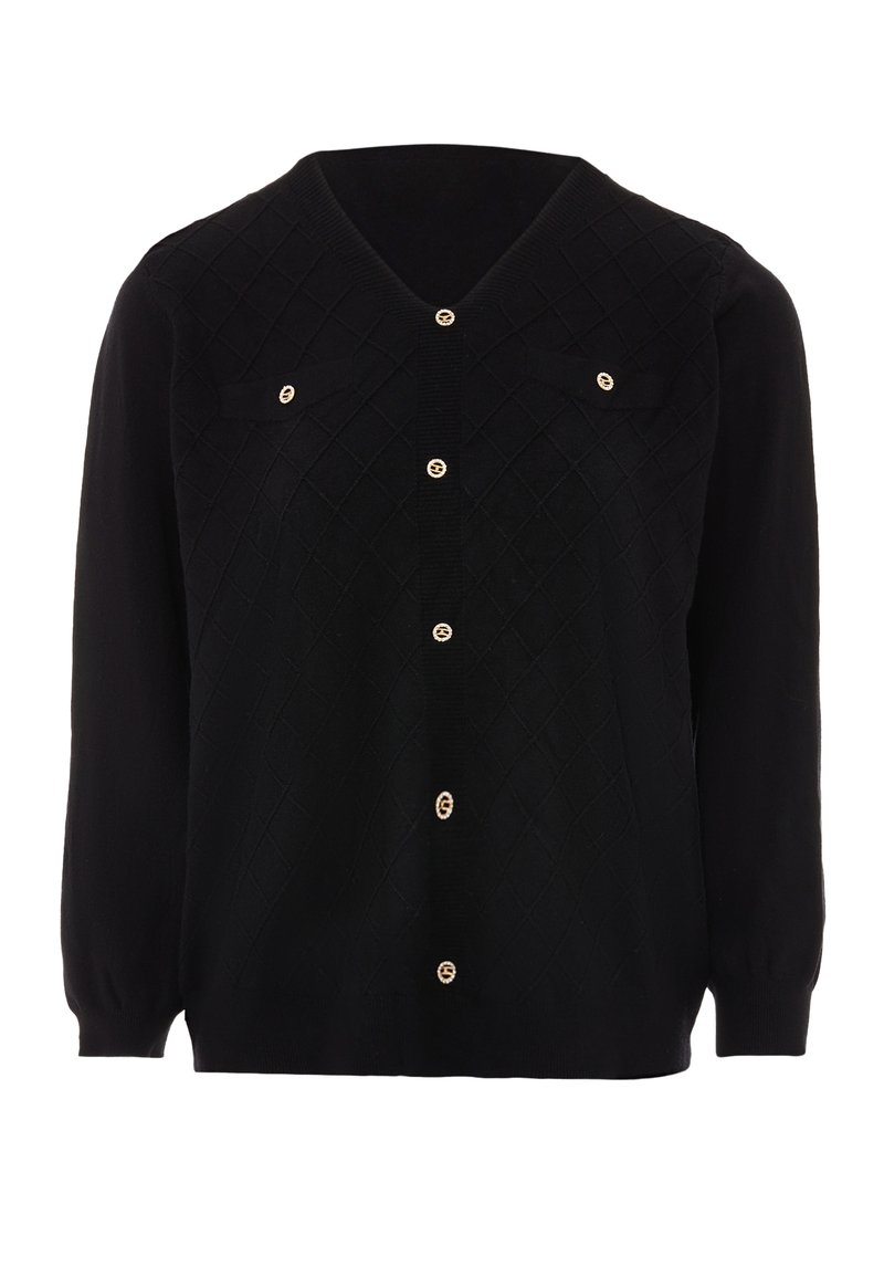 Czarny dzianinowy kardigan z diamentowym wzorem, dekoltem w serek, długimi rękawami, dwiema kieszeniami na piersi oraz złotymi guzikami na przodzie.