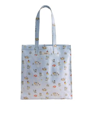 Lichtblauwe draagtas met cartoondieren die zwemmen, zeilen en drijven op reddingsboeien, met twee lange hengsels en een klein label.