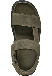 Sandale pour homme en daim vert olive, avec des sangles larges, une semelle intérieure rembourrée avec perforations, et une semelle en caoutchouc noir durable.