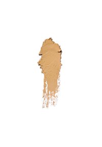Campione di fondotinta cremoso in una tonalità abbronzata. Texture liscia con una leggera lucentezza, applicato in una forma irregolare e sottile su uno sfondo bianco.