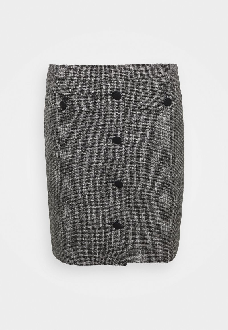 Gray checked skirt with a fitted design, featuring a front button closure and two welt pockets. Textured fabric with dark buttons.