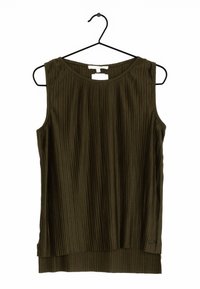 Sleeveless olive green top with vertical pleats, round neckline, and a layered hem. Hangs from a black hook. Smooth texture.