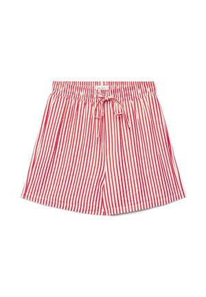 Pantaloncini a righe verticali rosse e bianche con vita elastica e laccio frontale, distesi su uno sfondo bianco.