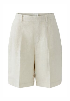 Shorts en lin beige taille haute avec plis à l'avant, passants pour ceinture et fermeture dissimulée à l'avant.