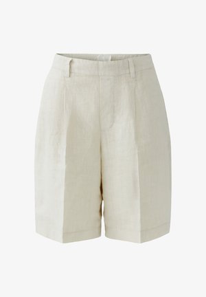 Beige high-waist linen shorts with front pleats, belt loops, and a concealed front closure.