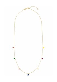 Collana delicata in oro con sette piccoli ciondoli rotondi di gemme multicolori equidistanti lungo la catena.