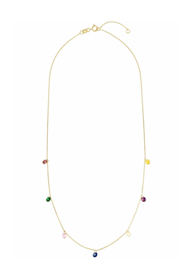 Collana delicata in oro con sette piccoli ciondoli rotondi di gemme multicolori equidistanti lungo la catena.