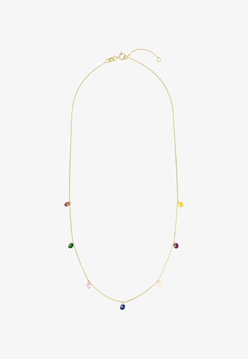 Collana delicata in oro con sette piccoli ciondoli rotondi di gemme multicolori equidistanti lungo la catena.