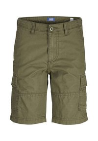 Shorts cargo couleur olive en coton, avec poches avant et latérales, fermeture à bouton et accents cousus.