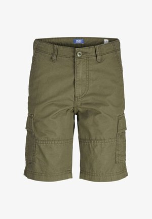 Shorts cargo couleur olive en coton, avec poches avant et latérales, fermeture à bouton et accents cousus.