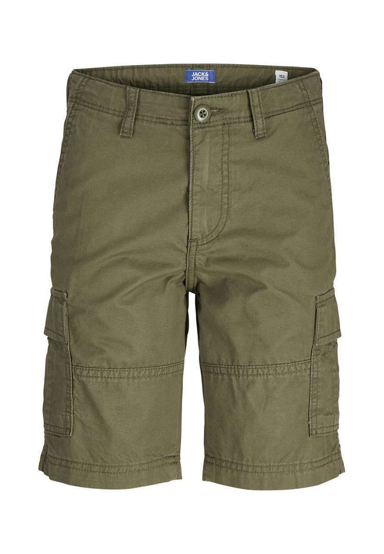 Shorts cargo couleur olive en coton, avec poches avant et latérales, fermeture à bouton et accents cousus.