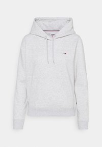 Hellgrauer Hoodie aus weichem Material mit einer vorderen Tasche, Kordelzugkapuze und kleinem Logo auf der Brust. Lockere Passform.