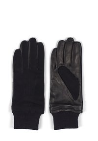 Gants en cuir noir avec des poignets en tissu côtelé, dotés d'une finition lisse, d'un design à cinq doigts et de détails de couture simples.