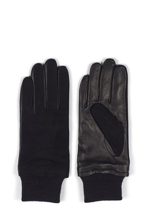 Black leather gloves with ribbed fabric cuffs, featuring a smooth finish, five-finger design, and simple stitching details.