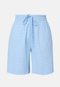 Světle modré šortky s kostkovaným vzorem, s elastickým pasem a stahovací šňůrkou. Vyrobené z prodyšné látky.