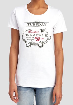 White t-shirt with print showing a pig outline and text advertising Tuesday breakfast "Pig 'N A Poke" with toast and hashbrowns for $3.99.