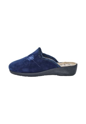 Zapatilla deslizante de color azul marino con suela negra, forrada de piel sintética y bordado floral en la parte superior, diseñada para la comodidad en interiores.