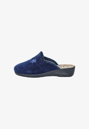 Zapatilla deslizante de color azul marino con suela negra, forrada de piel sintética y bordado floral en la parte superior, diseñada para la comodidad en interiores.
