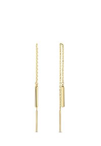 Gouden drop oorbellen met een kettingontwerp, voorzien van rechthoekige hangers en langwerpige cilindrische accenten voor extra dimensie.