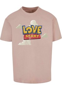 Light pink t-shirt features a graphic design with the text "LOVE STORY" in bold yellow and red letters, surrounded by white clouds.