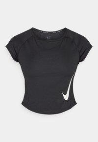 Čierne krátke športové tričko s krátkym rukávom vyrobené z hladkej, pružnej látky. Na ľavej strane je biely Nike Swoosh logo.